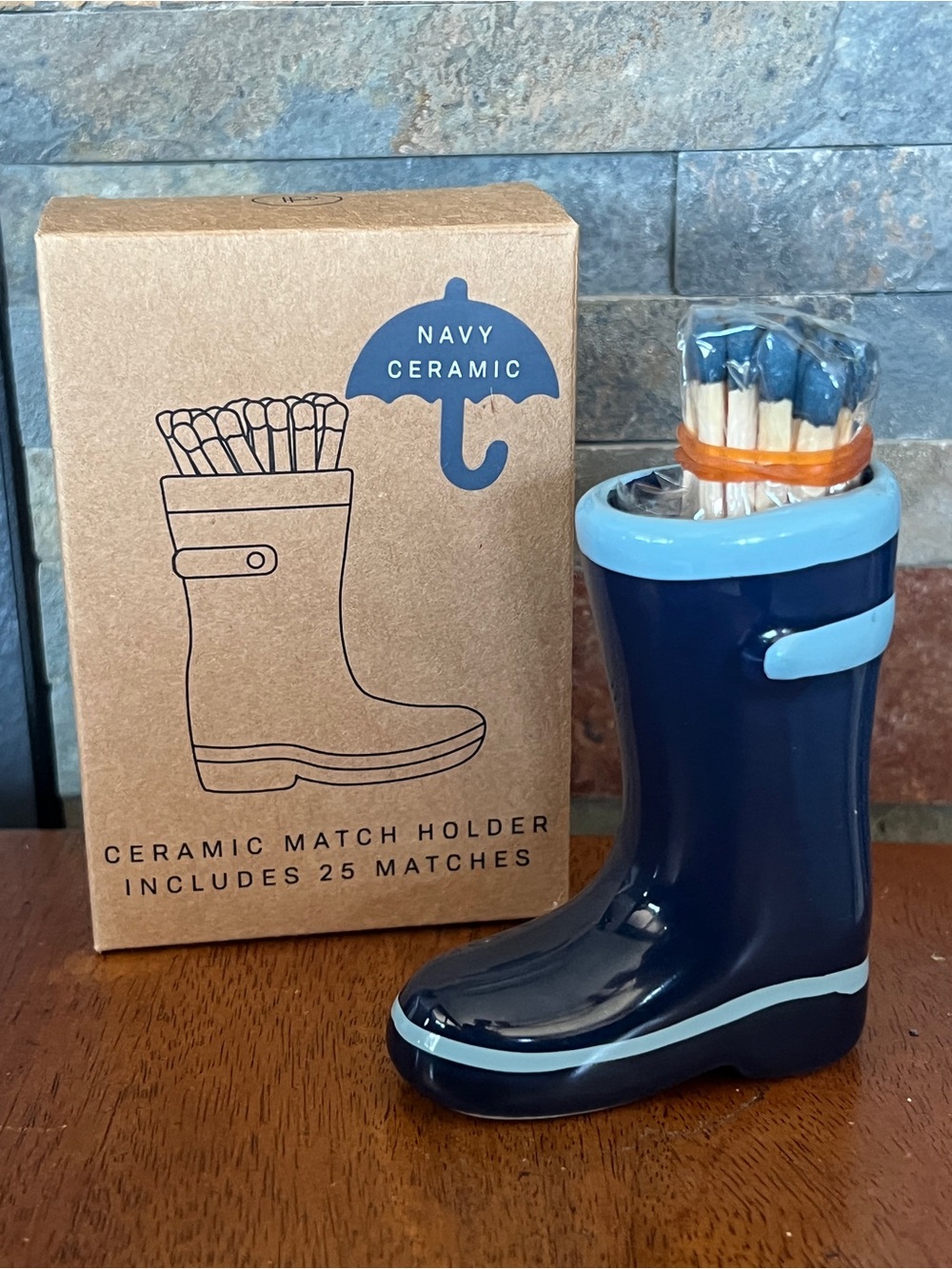 Navy Ceramic Boot Match Holder with Light Blue Trim